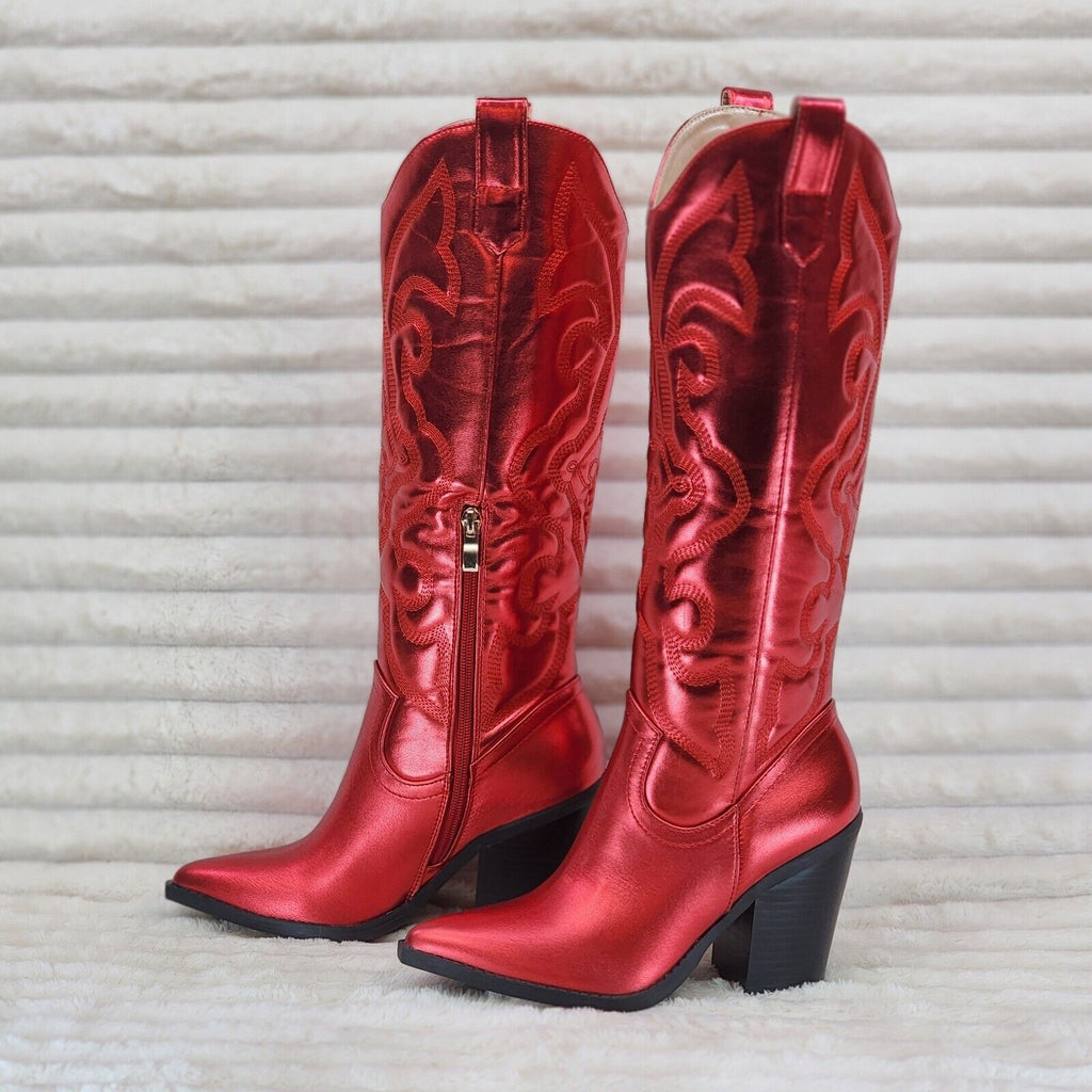 Electric Cowboy Brush Metallic Matte Western Knee High Cowgirl Boots Red - Totally Wicked Footwear