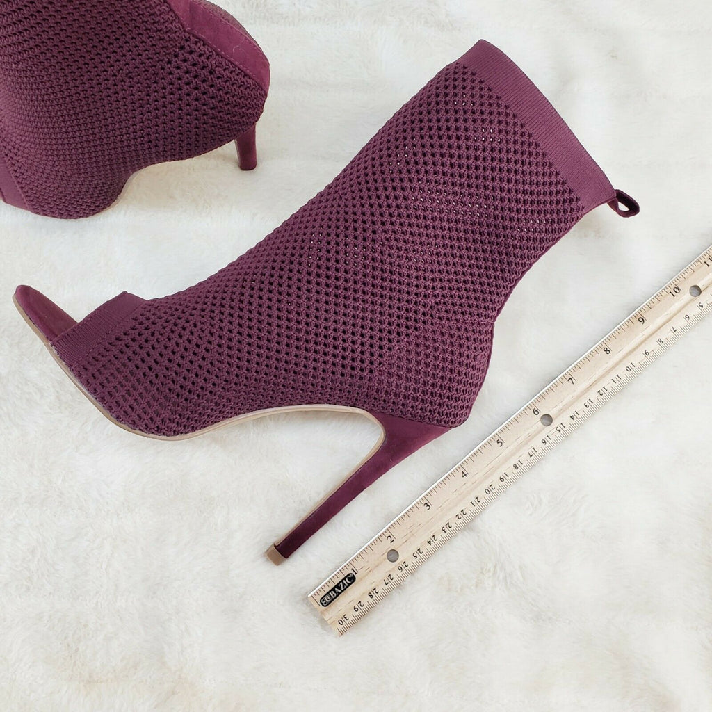 Ready Go Burgundy Red Stretch Knit Mesh Open Toe Pull On High Heel Ankle Boots - Totally Wicked Footwear