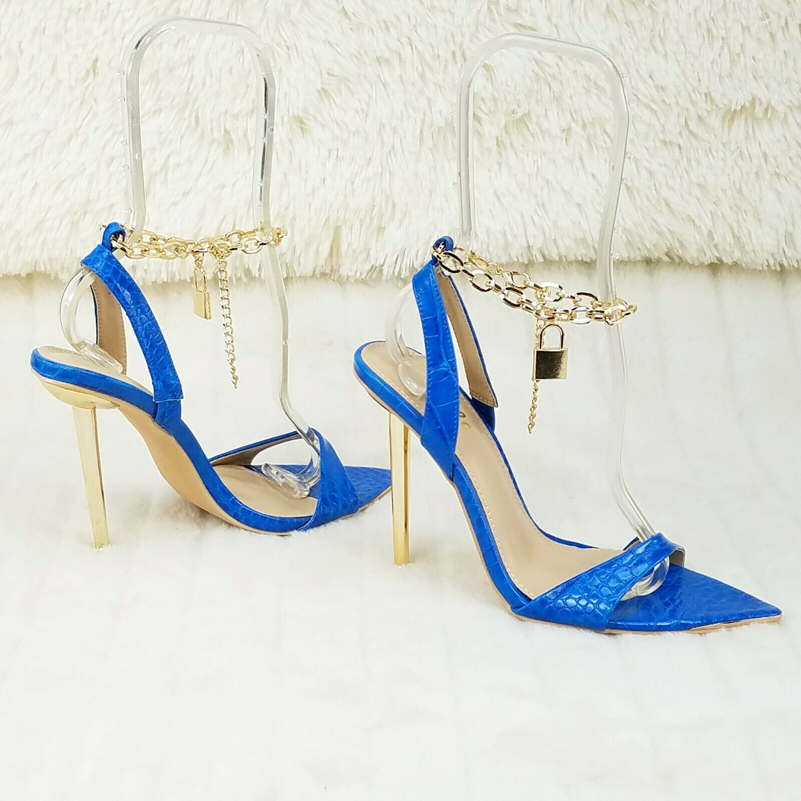 Nicely Pad Lock Chain Strap High Heels Metal Toe Tip Shoes Turquoise Blue - Totally Wicked Footwear