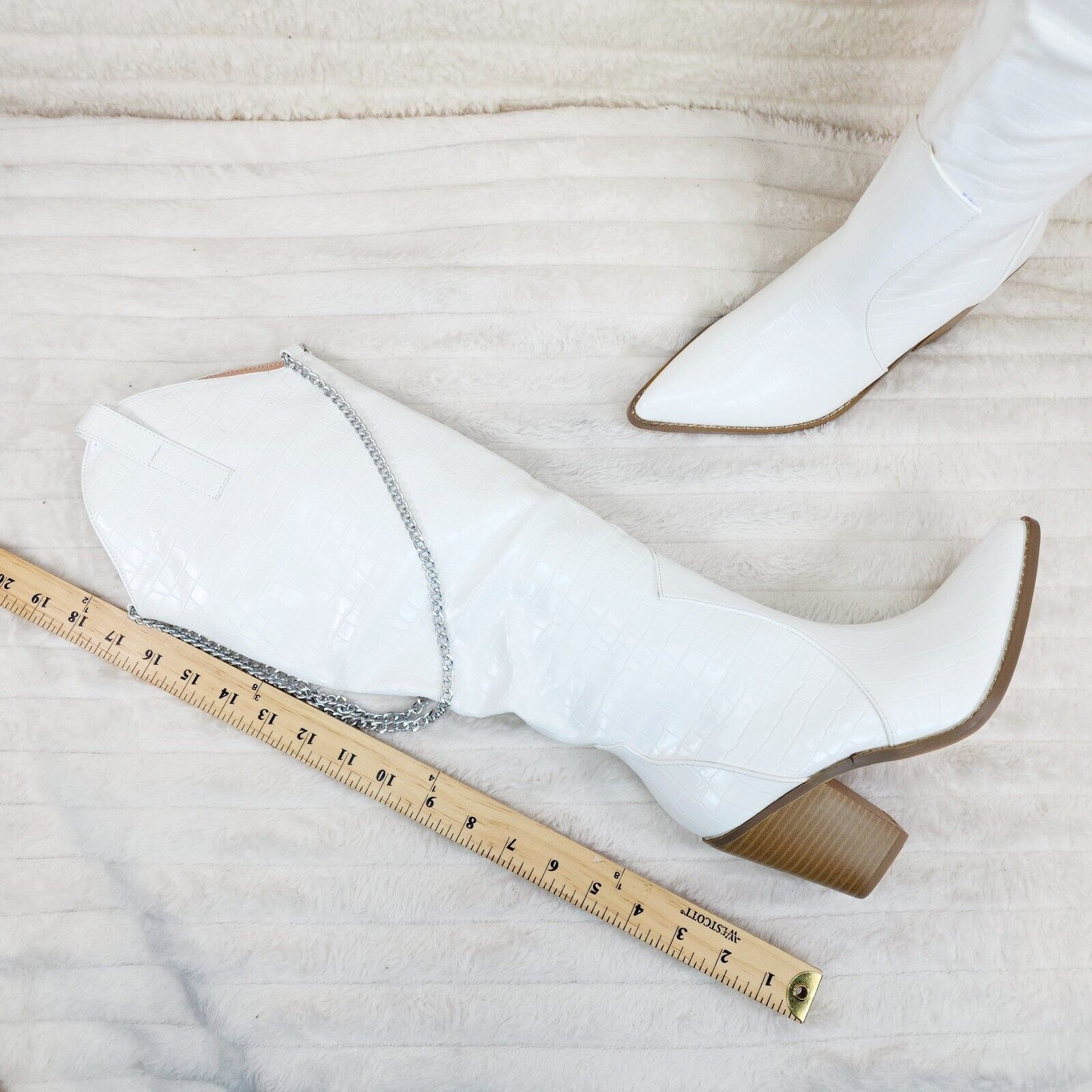 Dallas White Snake Texture Western Knee High Draped Chain Cowgirl Boots - Totally Wicked Footwear
