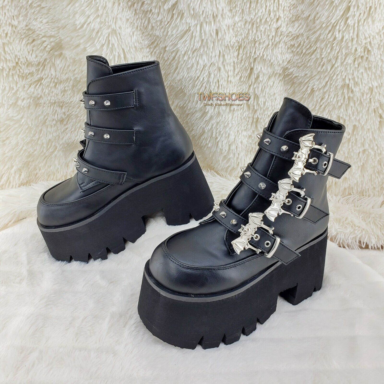 Demonia Ashes 55 Black Bat Buckle 3.5" Platform Heel Goth Boots RESTOCKED NY - Totally Wicked Footwear