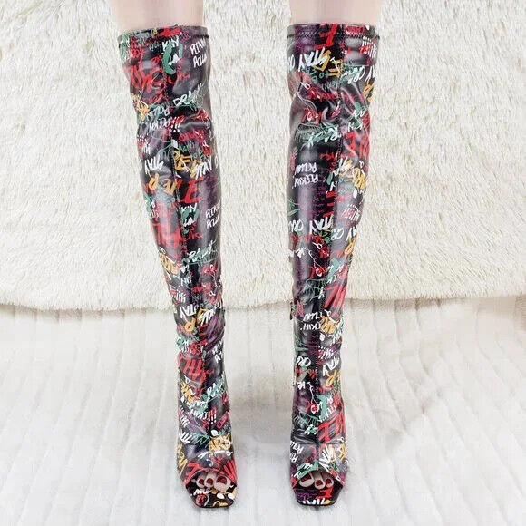 Zen Love Colorful Graffiti Print Over The Knee Boots With Wedge Heart heels - Totally Wicked Footwear
