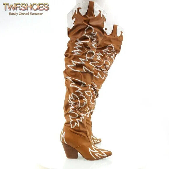 CR Kelsey 21 Rock Star Tan & White Western Slouch OTK Thigh High Cowboy Boot - Totally Wicked Footwear