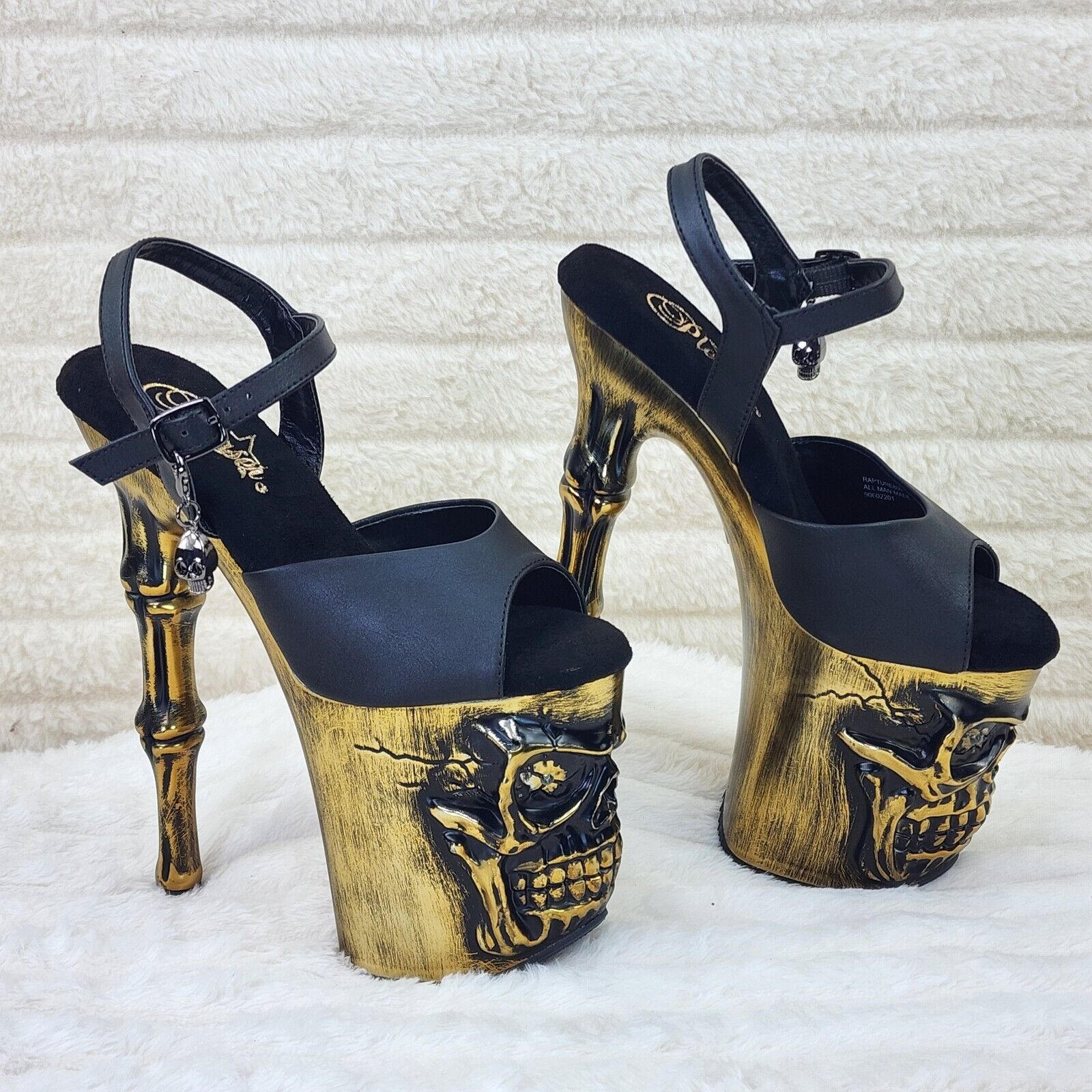 Rapture Black Matte Brass Skull & Bones LED 8" High Heel Platform Shoes 5-10 NY - Totally Wicked Footwear
