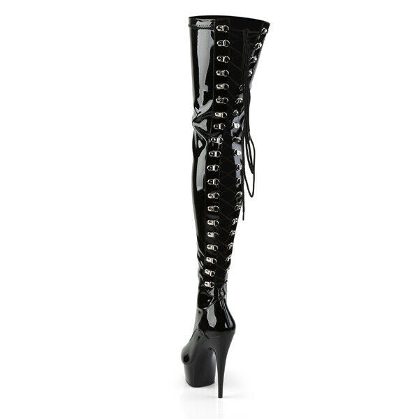 Delight 3063 Back Lace Thigh High Platform Boots 6" High Heels Black Patent NY - Totally Wicked Footwear