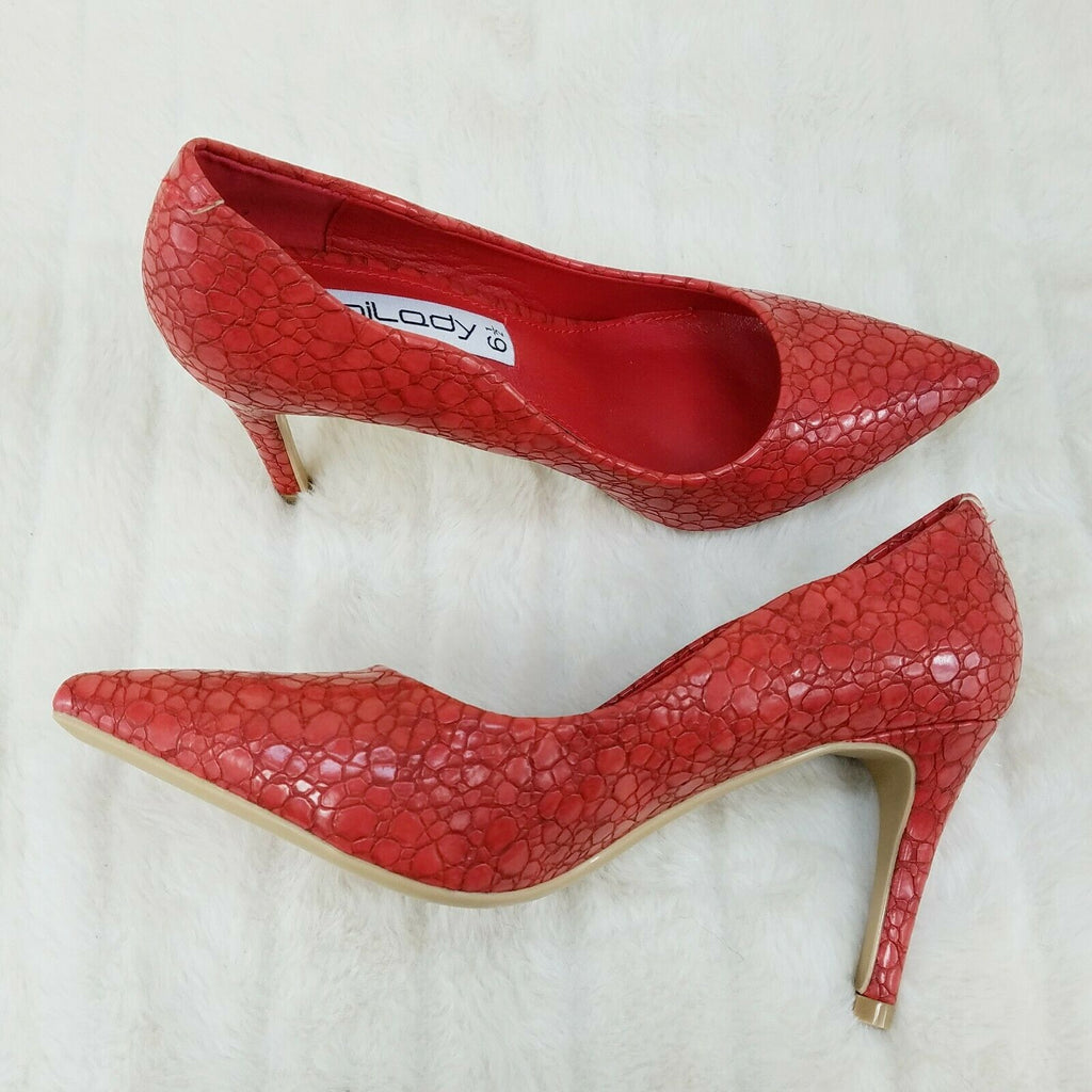 Monica Textured 3.5" Heel Pointy Toe Pump Shoes Red - Totally Wicked Footwear