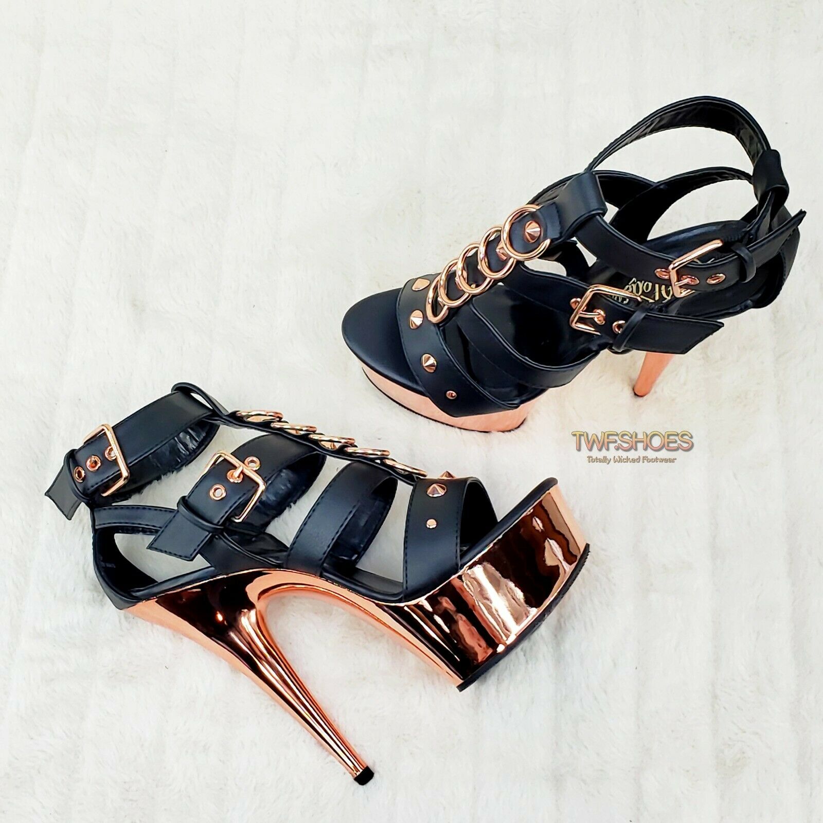 Delight 658 Black Rose Gold Cage Strap 6" High Heel Shoe Bull Ring US Sizes NY - Totally Wicked Footwear