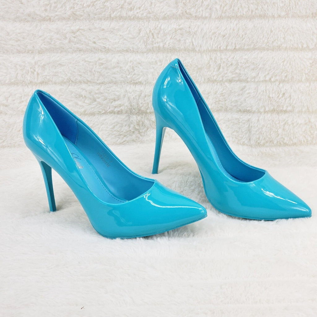 Fabio Turquoise Blue Patent High Heel Shoes Pointy Toe Pump 7-11 - Totally Wicked Footwear