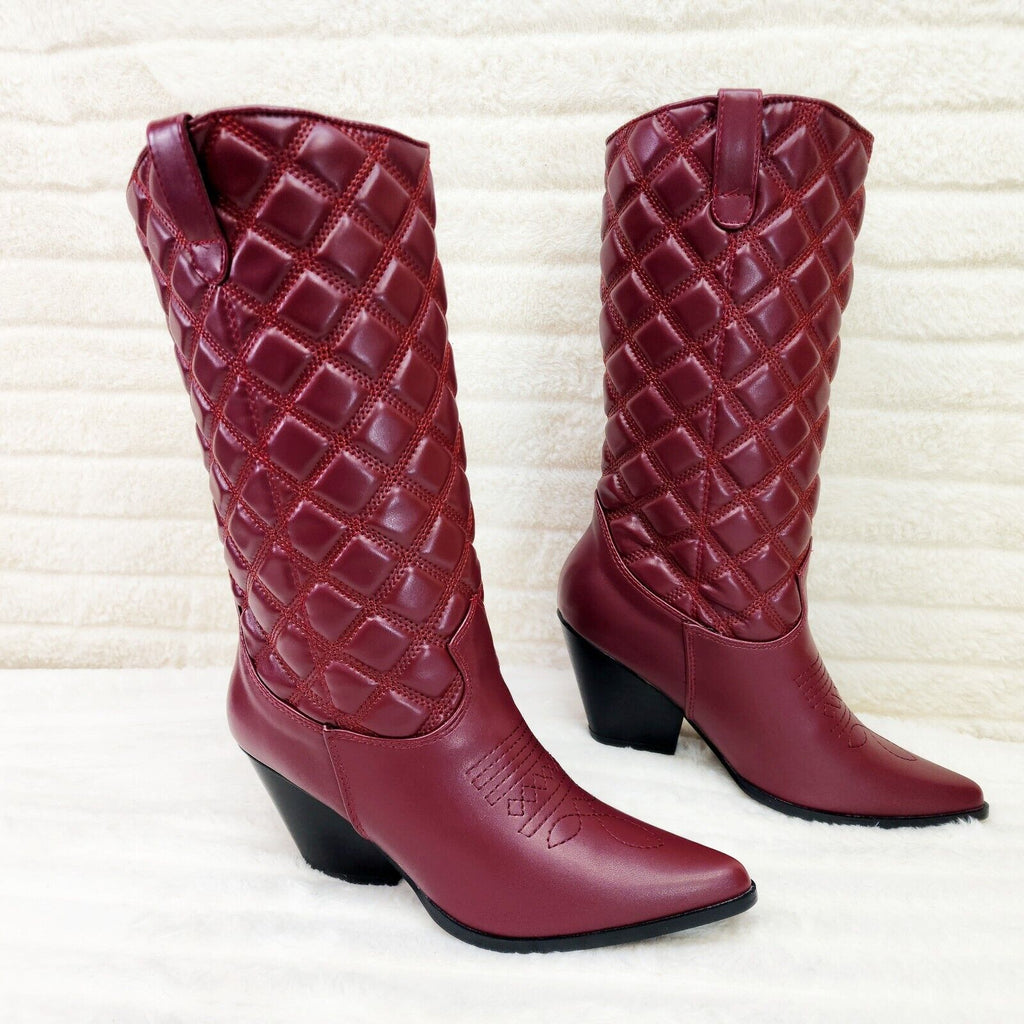 Bells Quilted Faux Leather Western Mid Calf Cowgirl Boots Burgundy Red - Totally Wicked Footwear