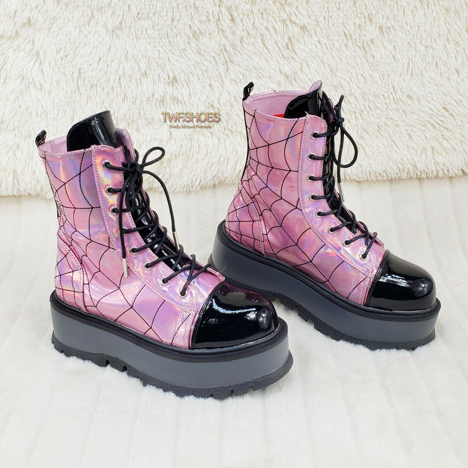 Slacker 88 Pink Hologram Spider Web Design Up Ankle Boots US 6-12 Goth NY - Totally Wicked Footwear