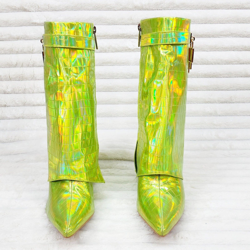 Vision Lime Yellow Hologram Wedge Heel Fold Over Skirted Ankle Boots - Totally Wicked Footwear