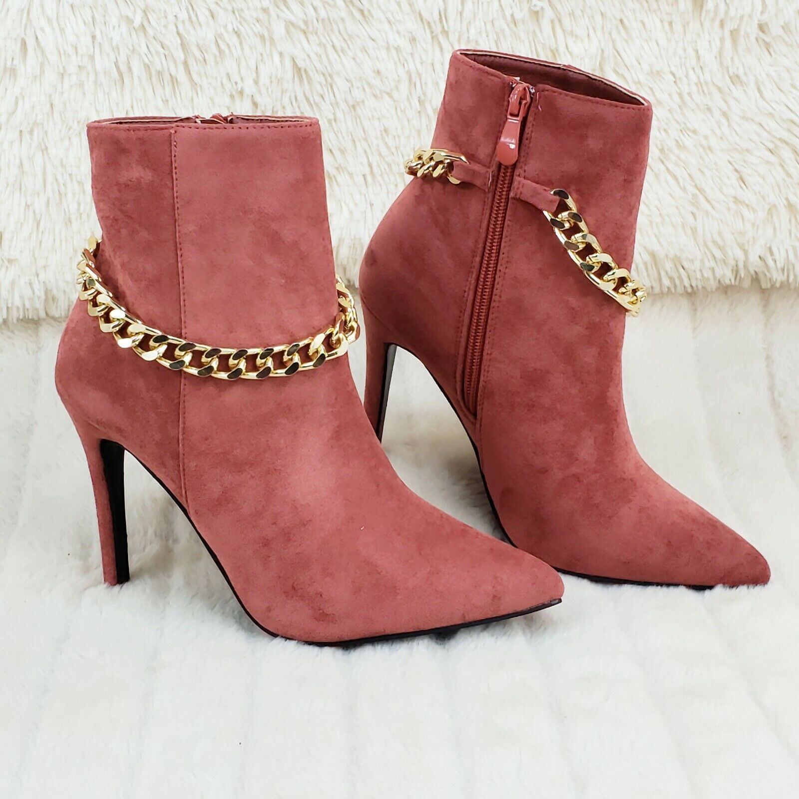 Mata Rose Pink FX Suede & Chain Sexy Pointy Toe 4" Stiletto Heel Ankle Boots - Totally Wicked Footwear