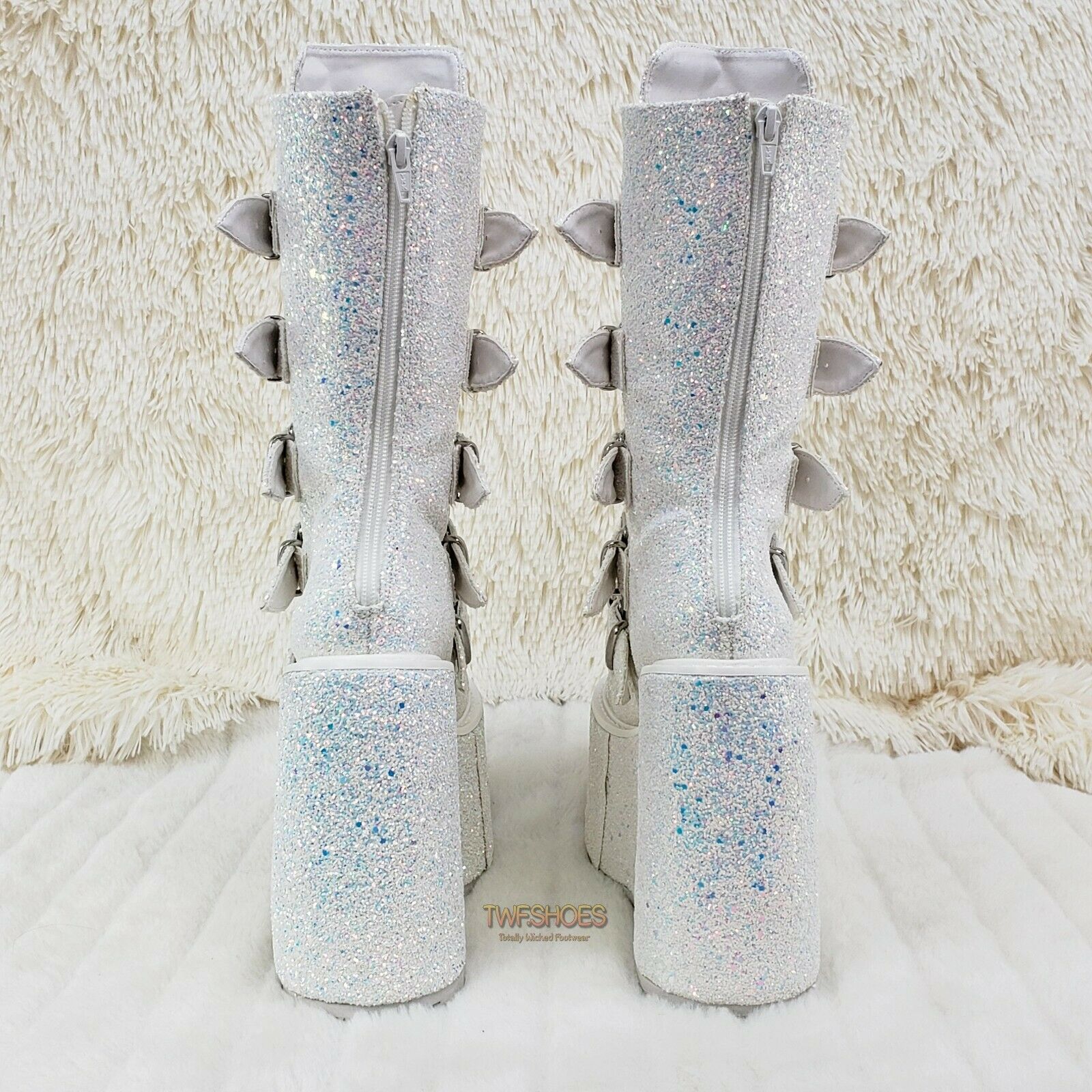 Swing 230G White Multi Glitter Mid Calf Boot 5.5" Platform Heart Strap 6-12 NY - Totally Wicked Footwear