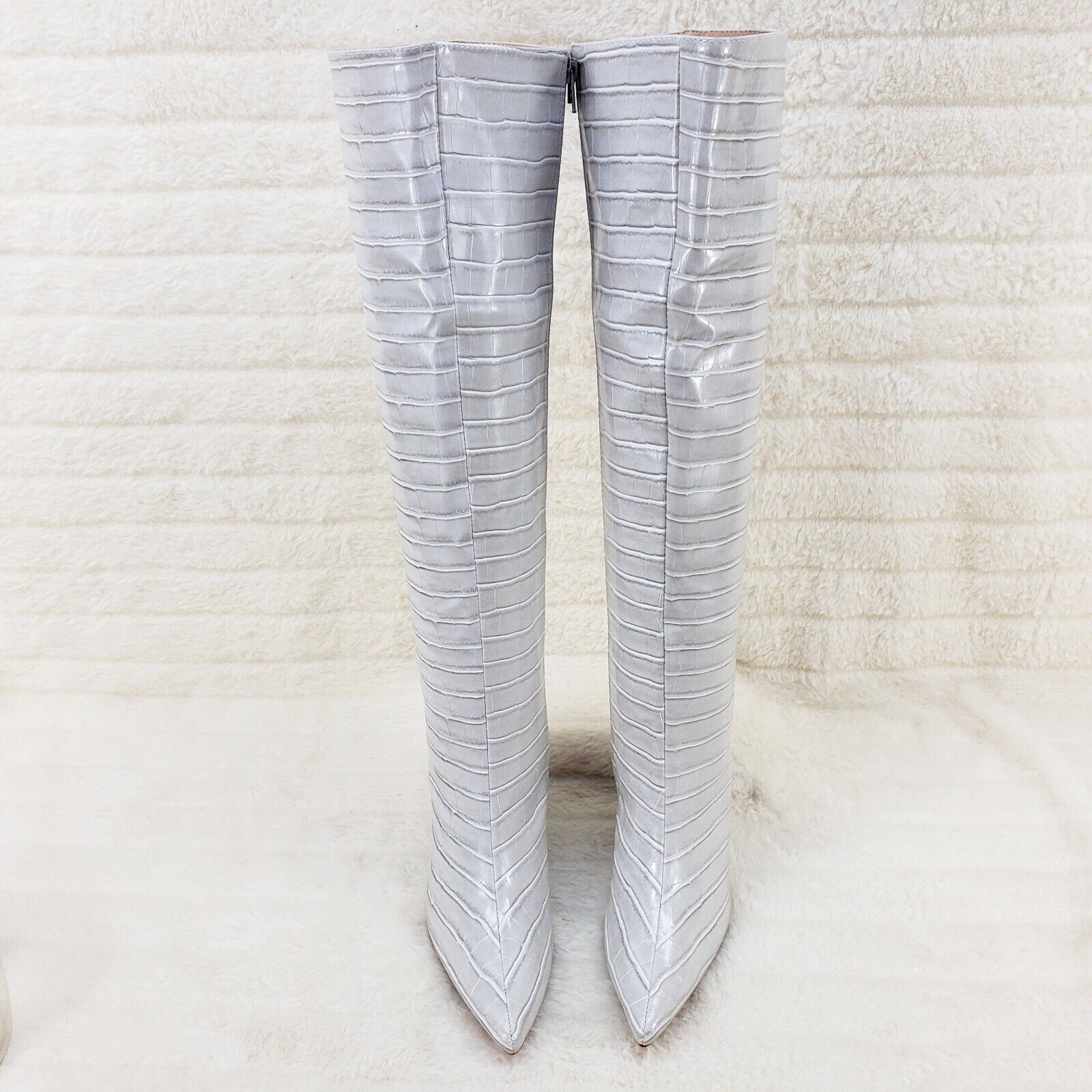 Ice White / Grey Reptile Texture Knee High Wedge Heel Boots Lexis - Totally Wicked Footwear