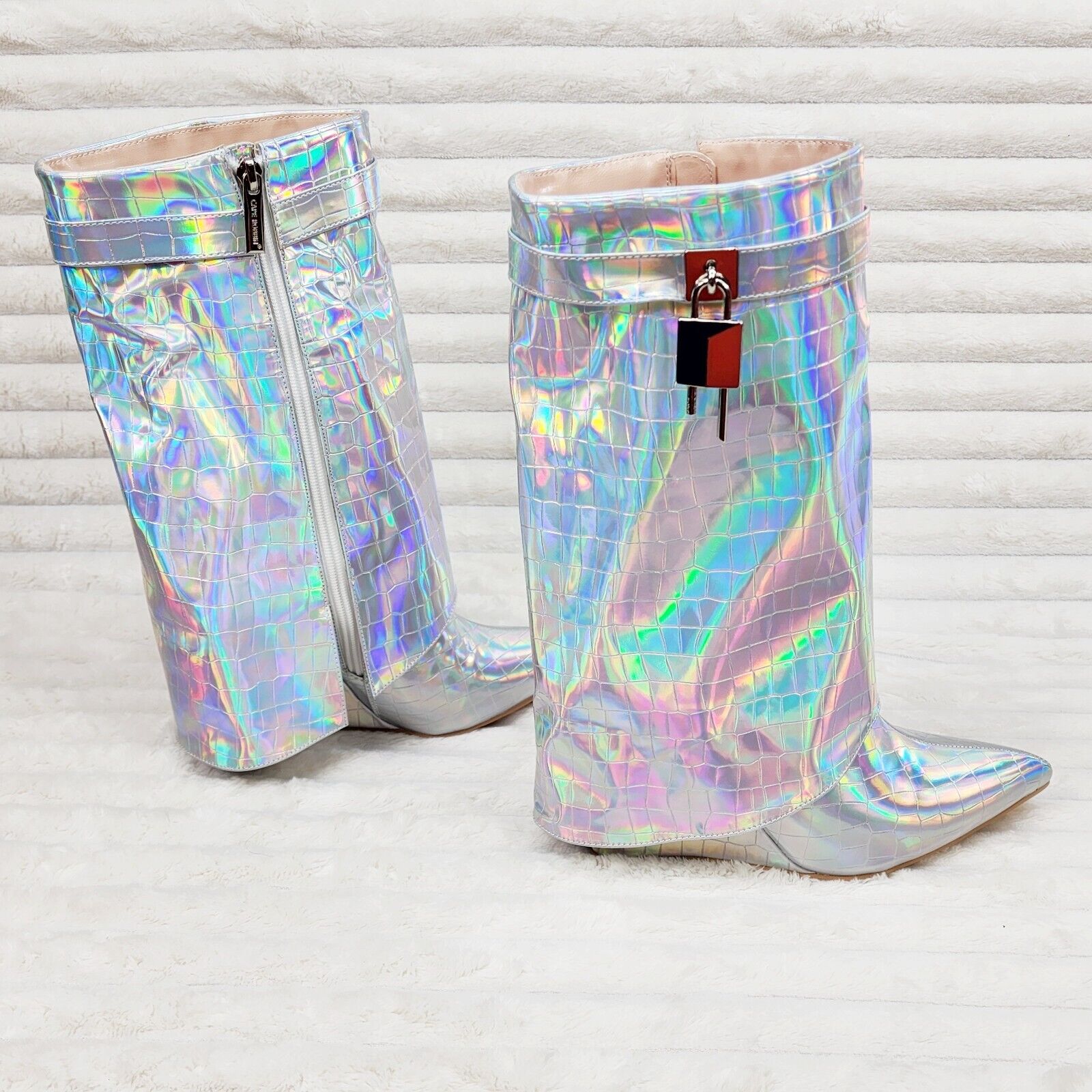 Vision Royal Silver Hologram Wedge Heel Fold Over Skirted Ankle Boots - Totally Wicked Footwear