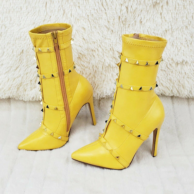Mark Pyramid Stud Strap High Heel Pointy Toe Stretch Ankle Boots Yellow - Totally Wicked Footwear