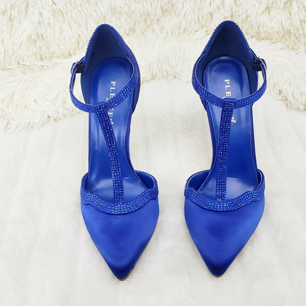 Sexy 25 Blue Satin Rhinestone T Strap 5" High Heel Shoes Sizes 9 & 10 NY - Totally Wicked Footwear