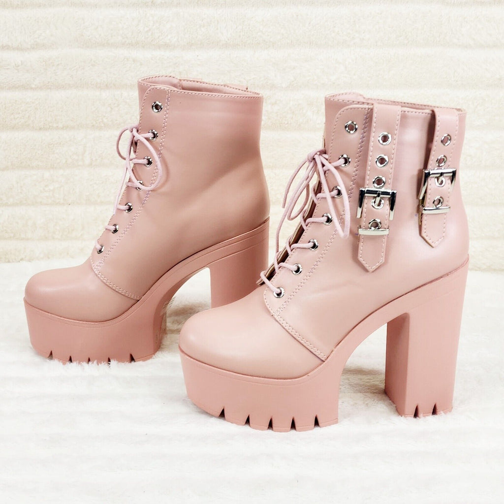 Linda Pink Blush Chunky Block Heel Lave Up Ankle Boots Brand New - Totally Wicked Footwear