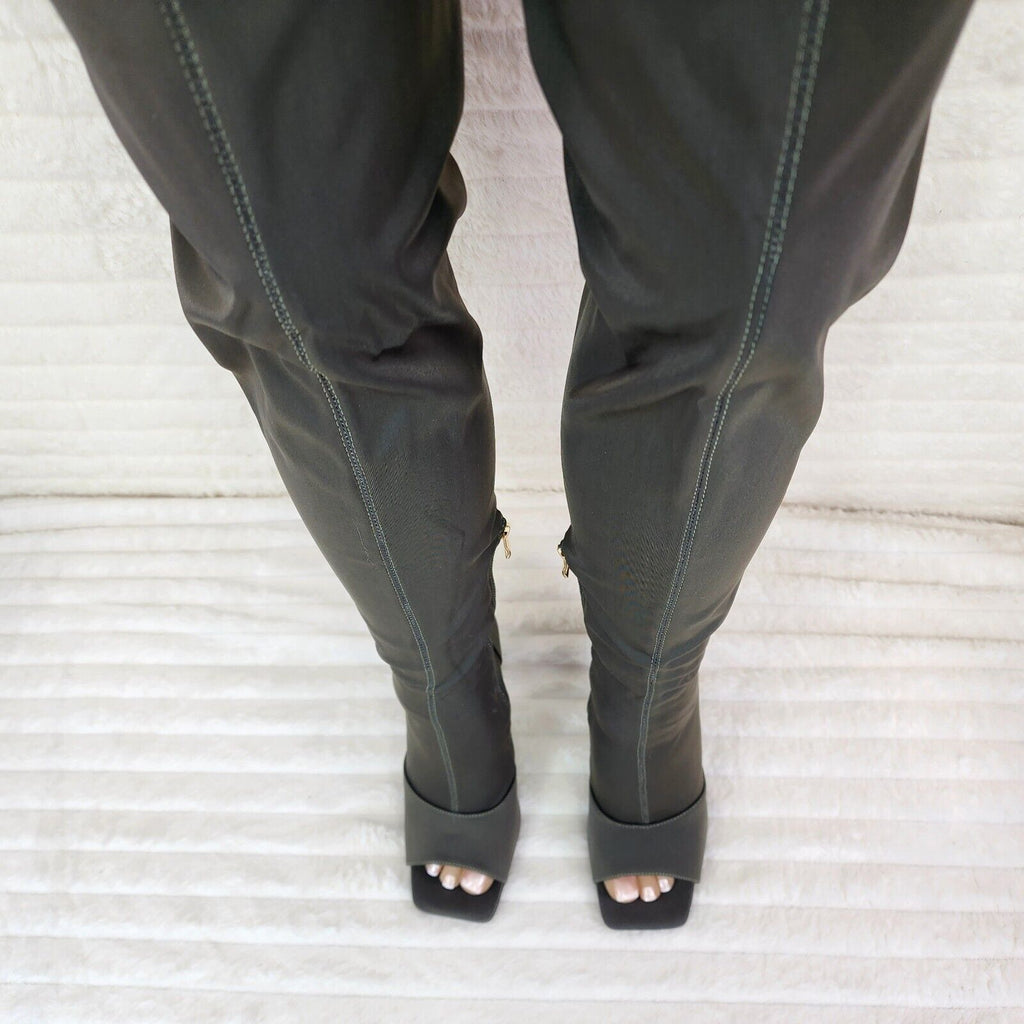 Vicky Olive Army Green Open Square Toe Stretch Thigh High Heel Boots - Totally Wicked Footwear