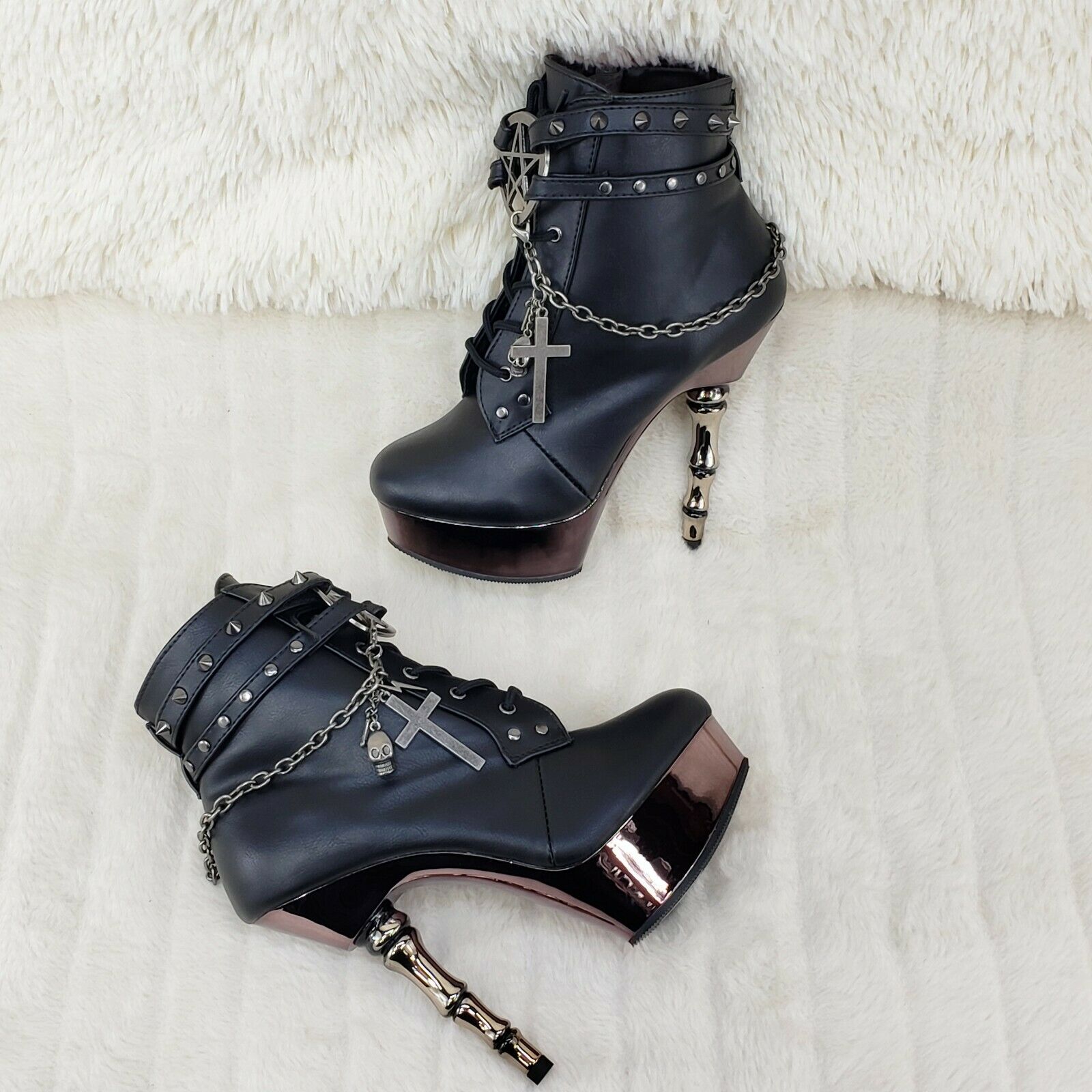 Muerto 1001 Finger Bone Heel Platform Biker Ankle Boots Charm Chain In House - Totally Wicked Footwear