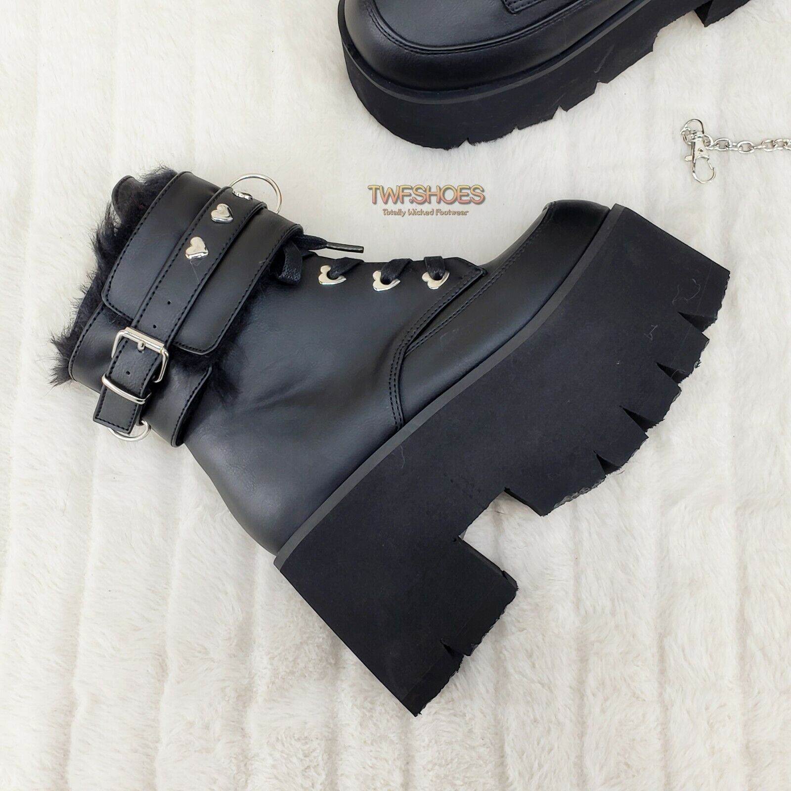 Ashes 57 Black Heart Studs 3.5" Platform Goth Boots Fur Lined Cuffs & Chain NY - Totally Wicked Footwear