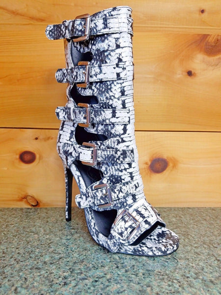 Nelly Bernal Lola Black & White Snake 5 Buckle 4.75 Heel Ankle Boot ...