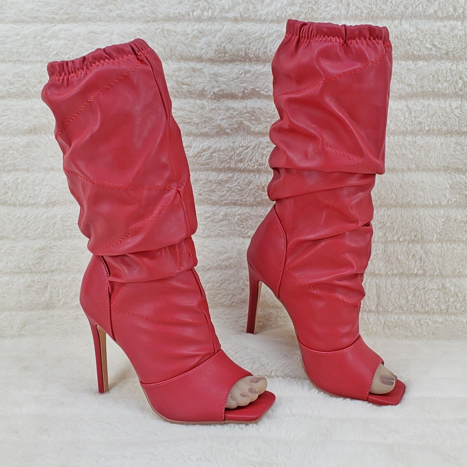 Victoria RED Square toe Mid Calf Adjustable Slouch Scrunch Pull On Boots - Totally Wicked Footwear