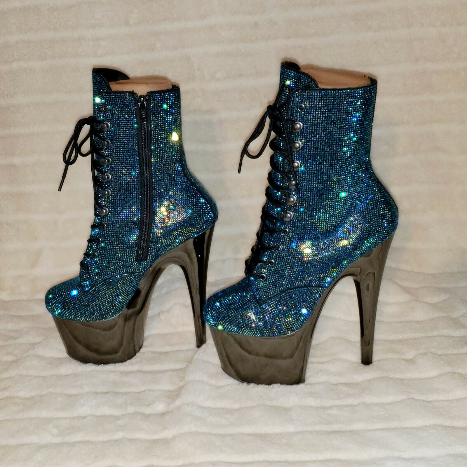 Adore 1020CHRS Teal Pewter Rhinestone 7" High Heel Platform Ankle Boots NY - Totally Wicked Footwear