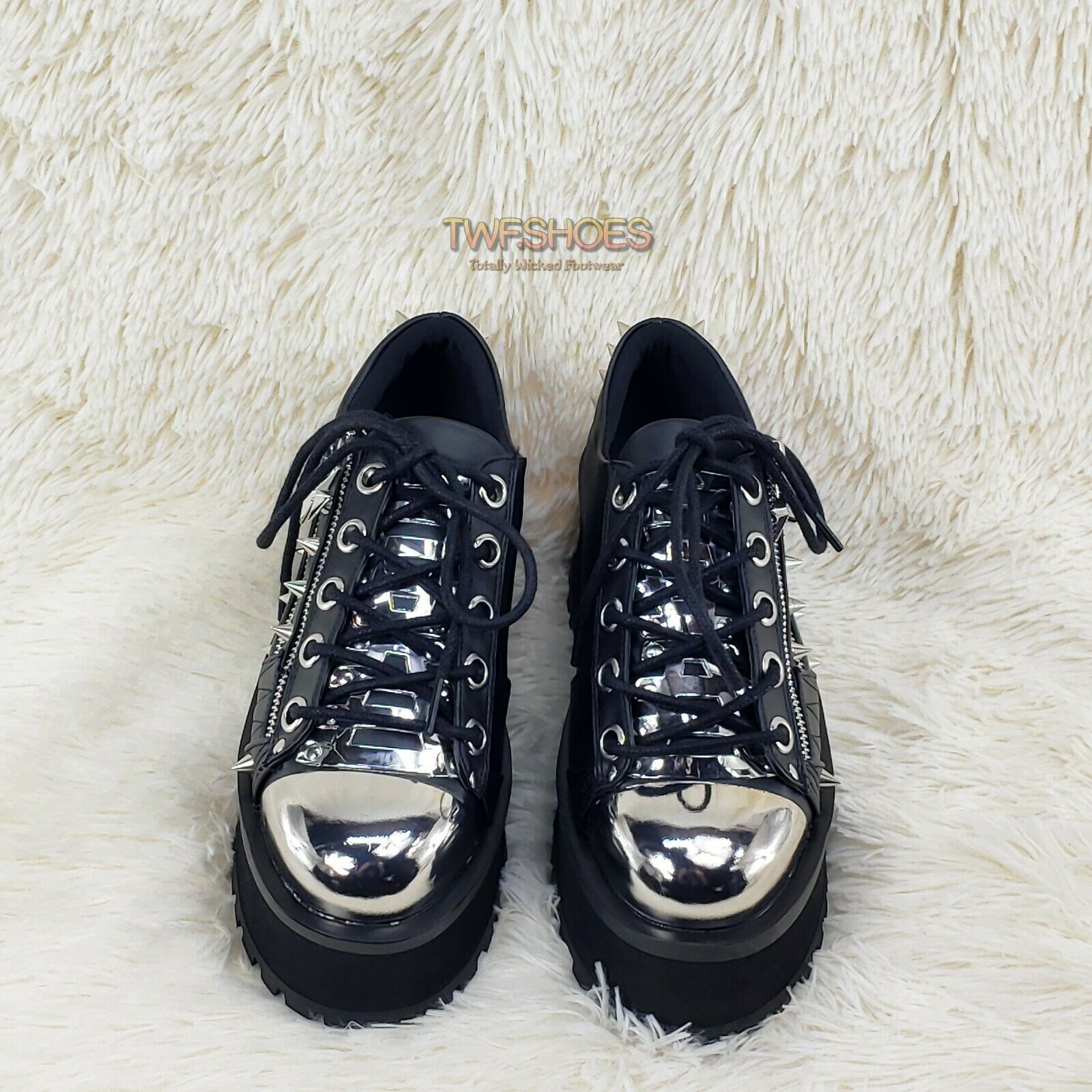 Grave Digger 04 Black Chrome Toe Plate Spiked Shoe Men 4-13 Goth Punk NY - Totally Wicked Footwear