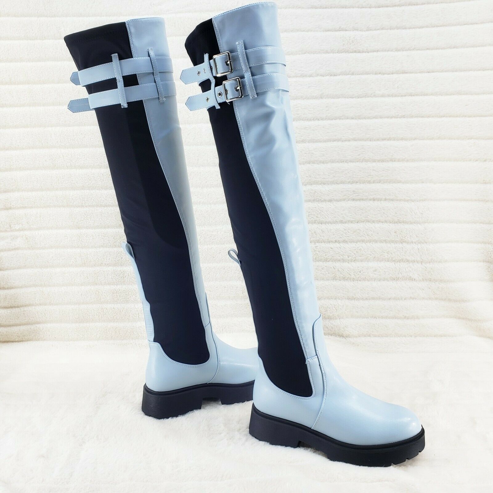 Techno Baby Blue Black Stretch Panel Lug Sole Thigh High Boots - Totally Wicked Footwear