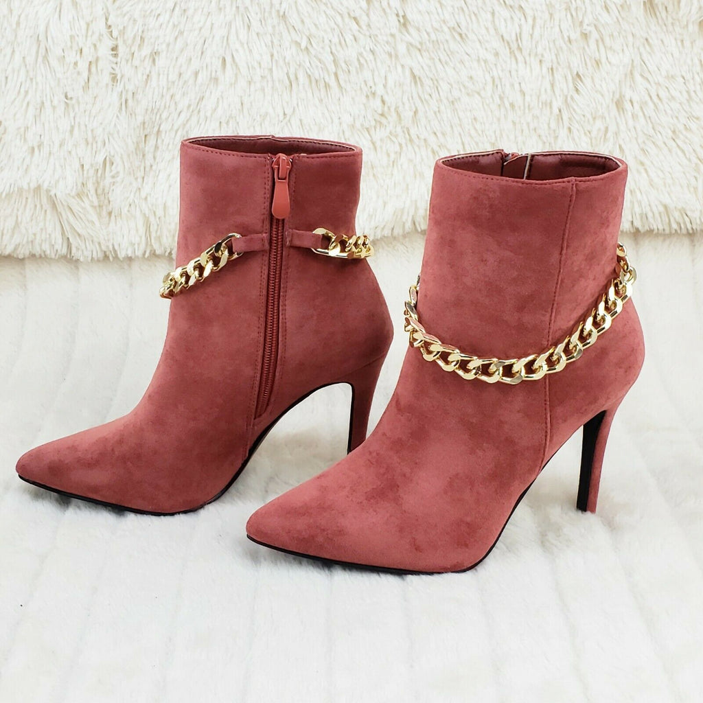 Mata Rose Pink FX Suede & Chain Sexy Pointy Toe 4" Stiletto Heel Ankle Boots - Totally Wicked Footwear