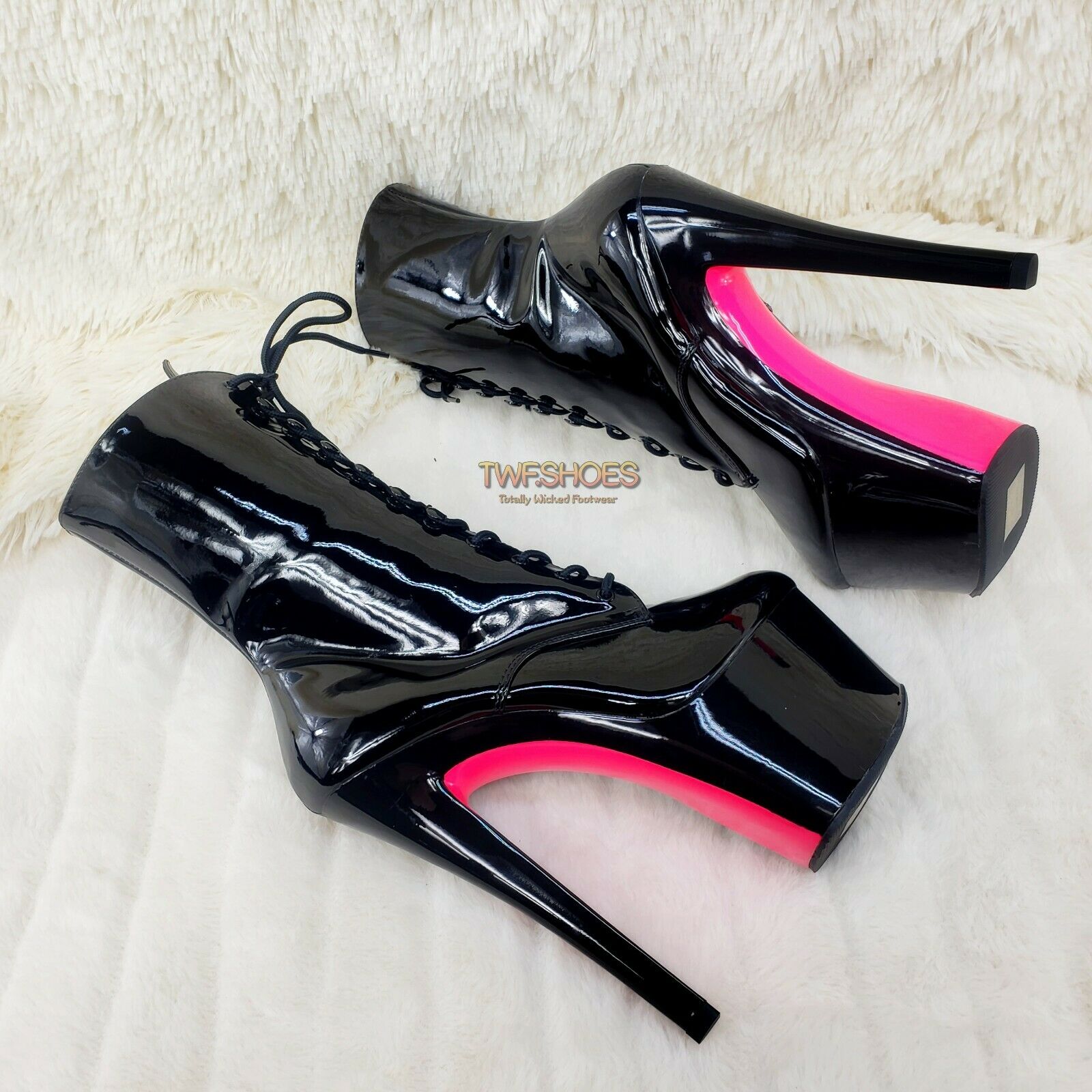 Sky 1020TT Black Patent UV Neon Pink Platform Ankle Boot 7" High Heels Shoes NY - Totally Wicked Footwear