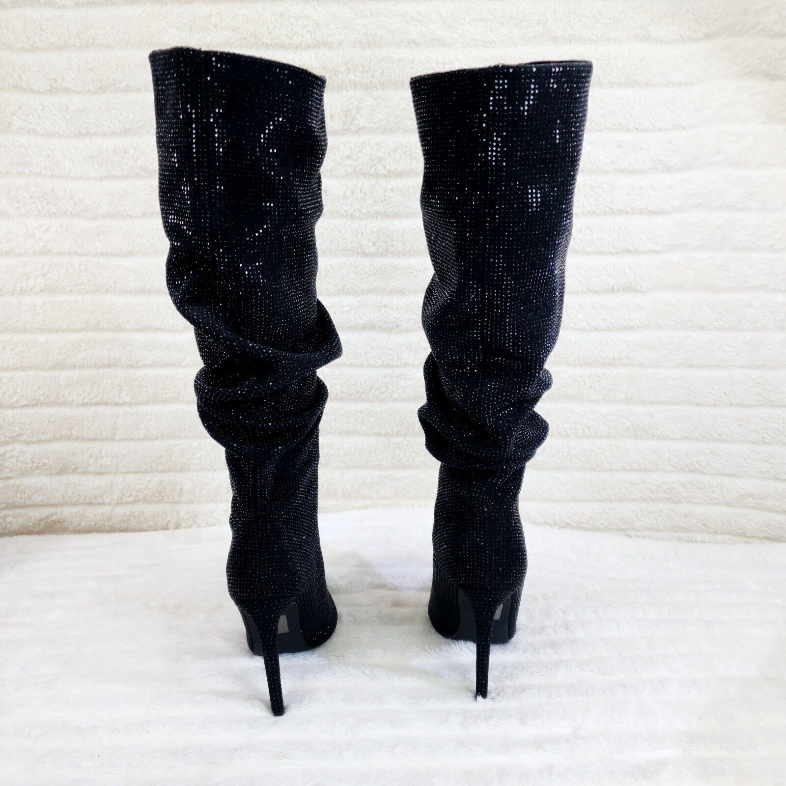 Radiant Black Rhinestone High Heel Stiletto Slouch Knee High Boots - Totally Wicked Footwear
