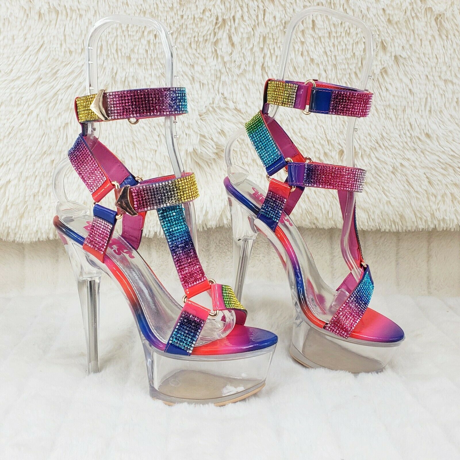 Xapala Rainbow Rhinestone Harness Strap Clear Platform High Heel Shoes - Totally Wicked Footwear