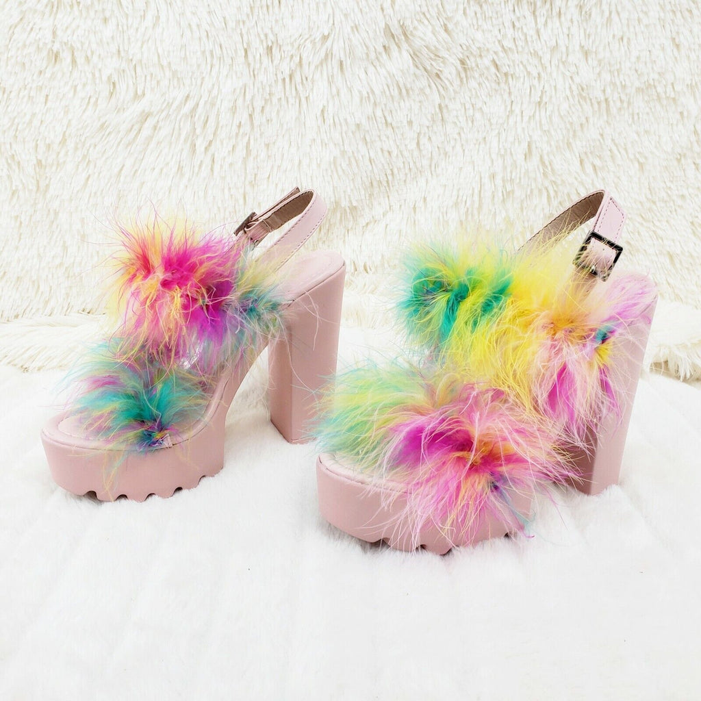 Top Rate Marabou Double Strap Chunky High Heels Platform Sandal Shoes Multicolor - Totally Wicked Footwear