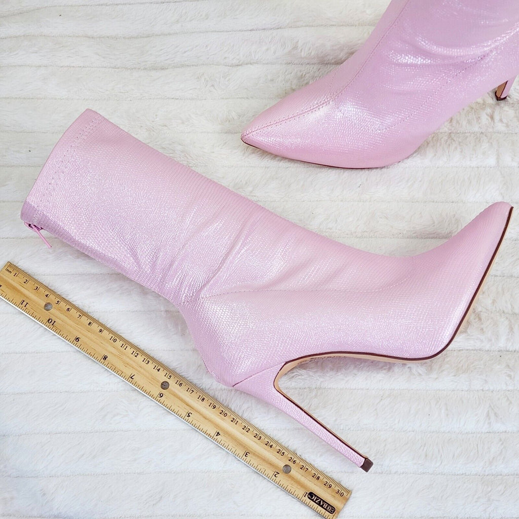 Odin Shimmery Baby Pink High Heel Stretch Fabric Ankle Boots - Totally Wicked Footwear