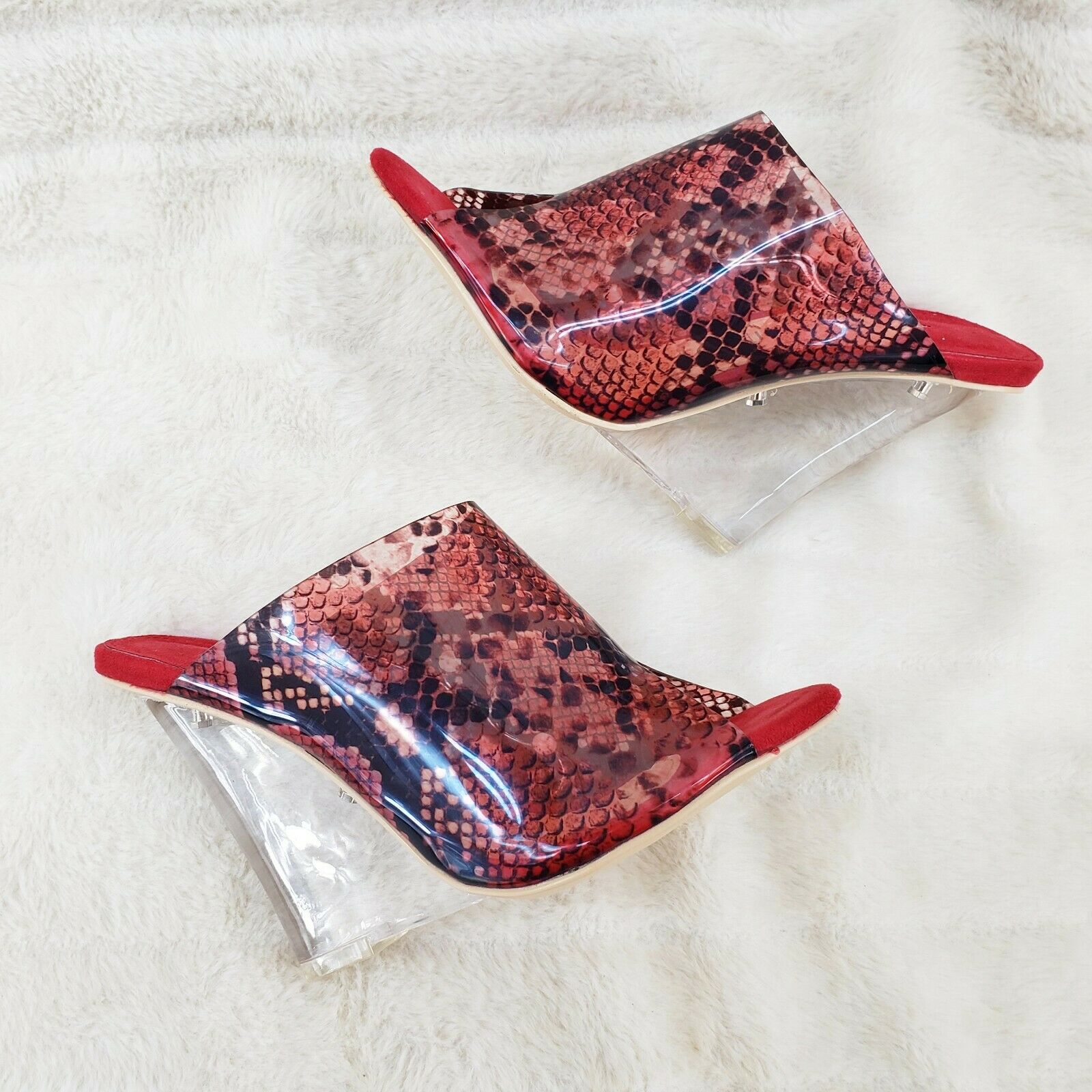 Mac J Red Transparent Snake Print Slip On Clog 5" Clear Acrylic Wedge Heels - Totally Wicked Footwear