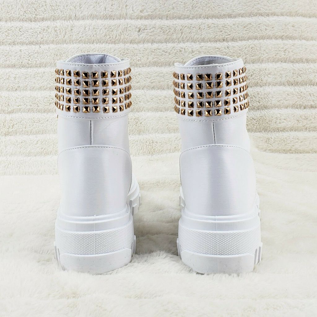 Nina White Gold Hardware Studded Combat Ankle Boots - Totally Wicked Footwear