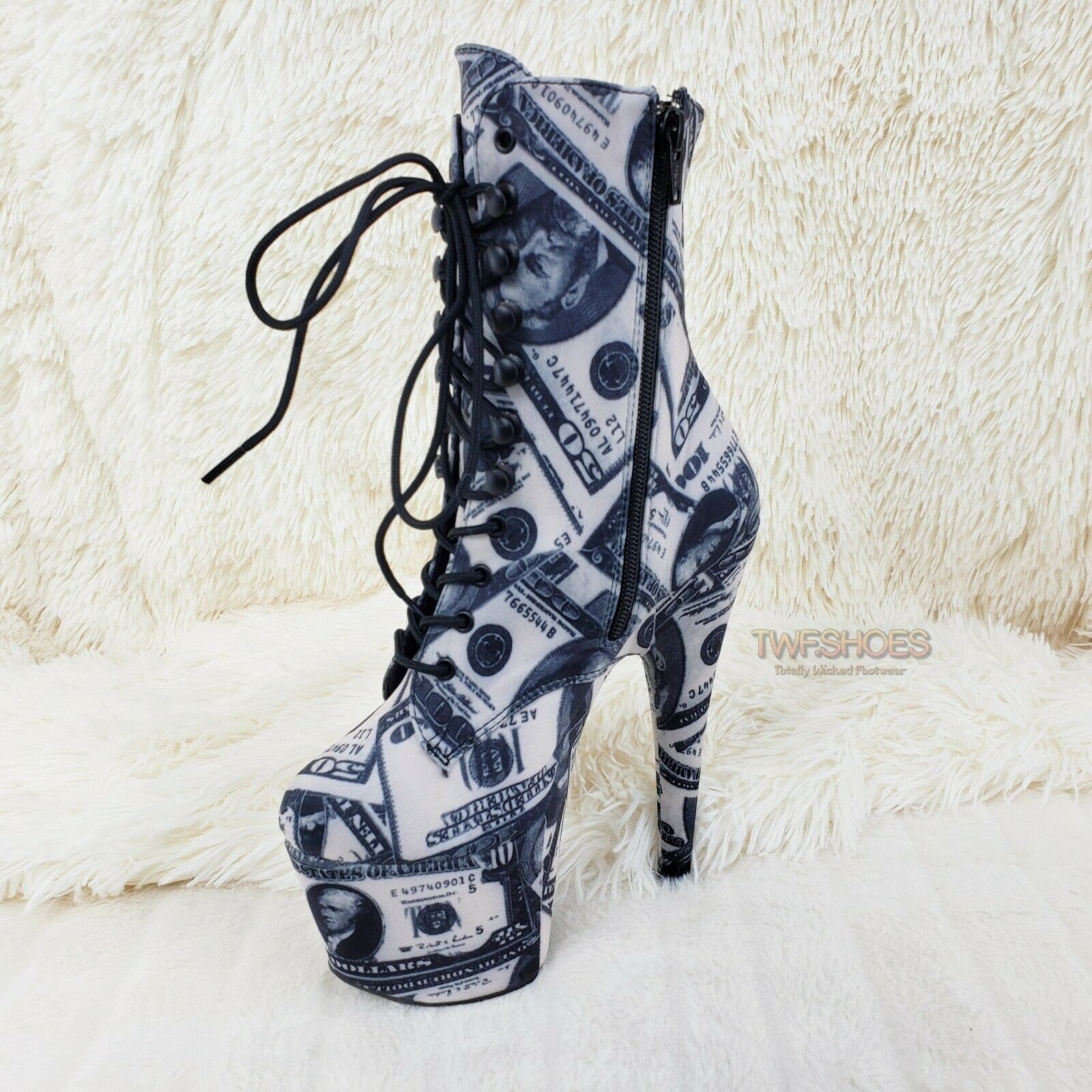 Adore 1020DP Money Print Platform 7" High Heel Lace Up Ankle Boots 6-12 NY - Totally Wicked Footwear