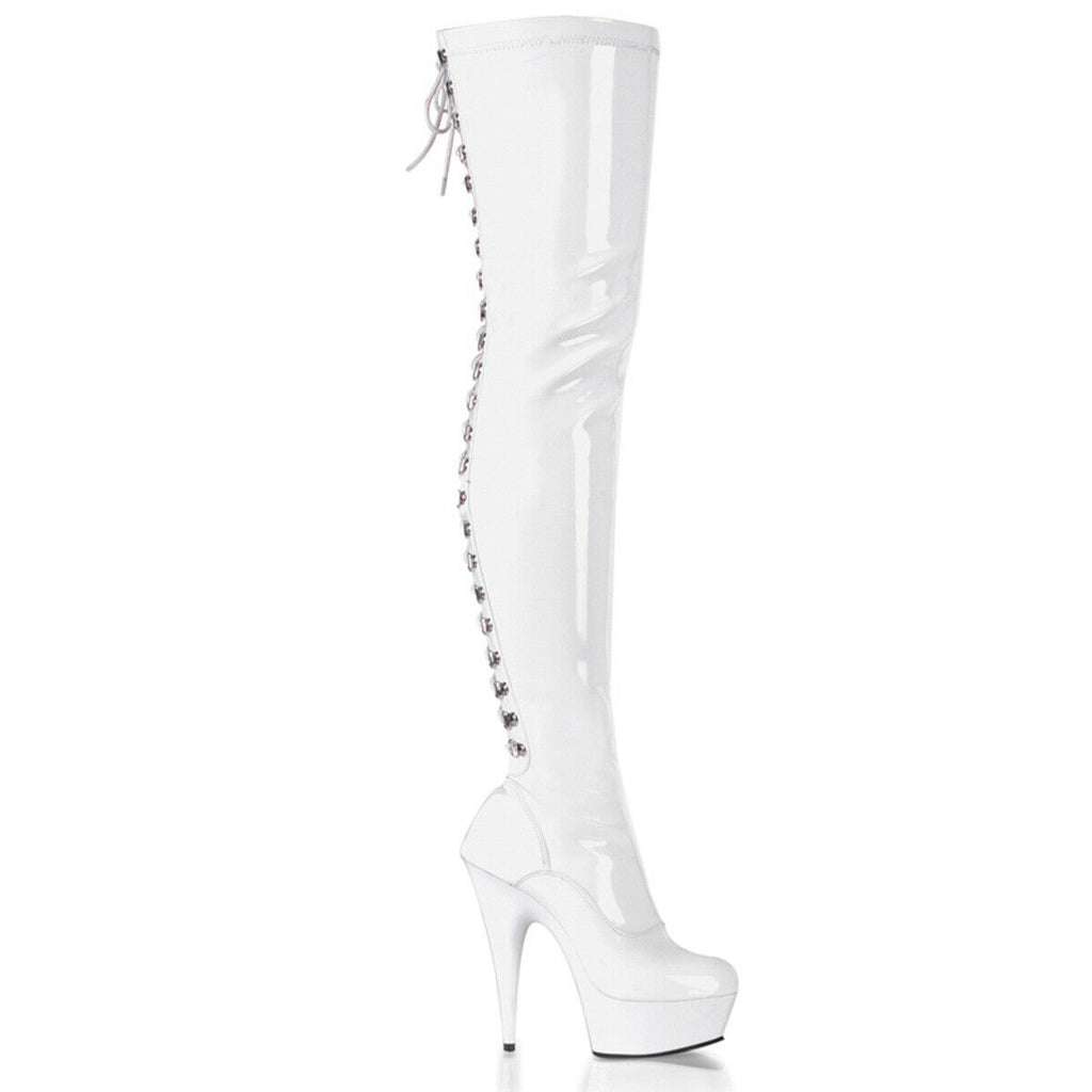 Delight 3063 Back Lace Thigh High Boots 6" High Heel White Patent US Sizes NY - Totally Wicked Footwear