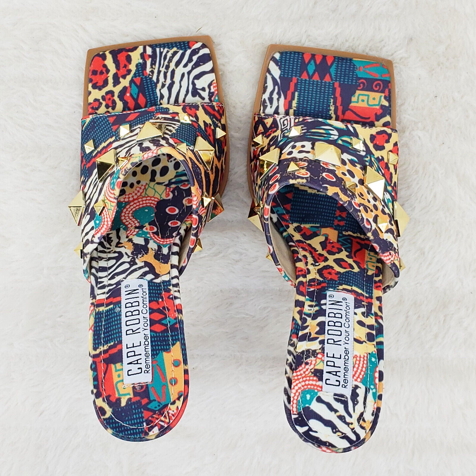 Popo Slip On Square Open Toe High Heel Clogs Mules Slides Multi Print - Totally Wicked Footwear