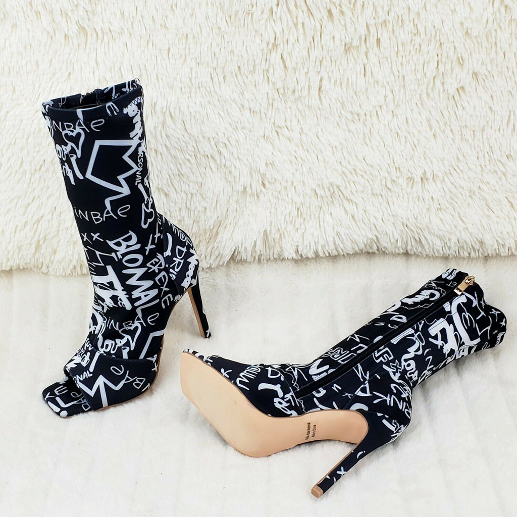 Victoria Black Graphic Stretch Square Open Toe High Heel Ankle Boots - Totally Wicked Footwear