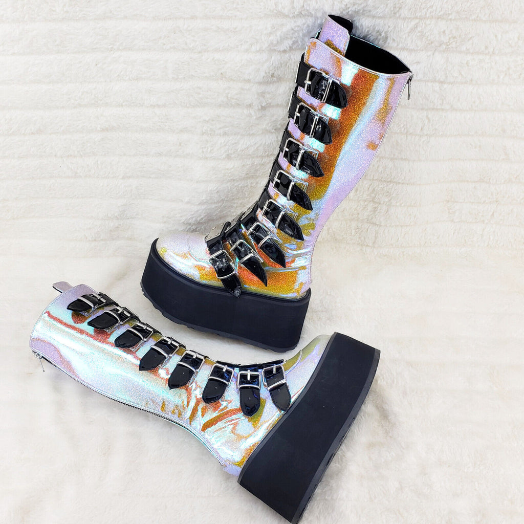 Damned 318 Multi Strap 3.5" Platform Cyber Punk Knee Boots Pink Hologram  NY - Totally Wicked Footwear