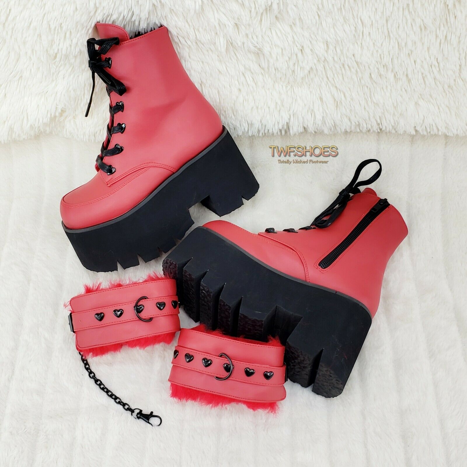 Ashes 57 RED Heart Studs 3.5" Platform Goth Boots Fur Lined Cuffs & Chain NY - Totally Wicked Footwear
