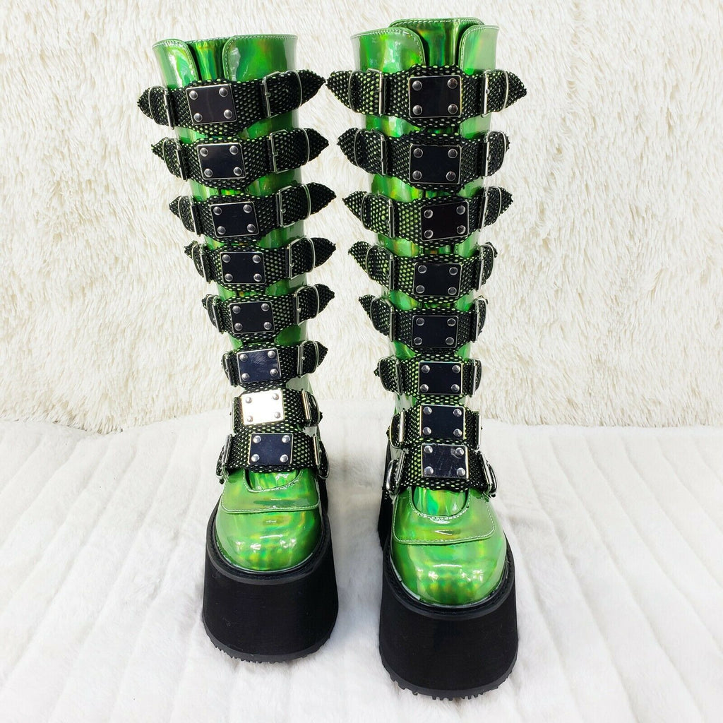 Damned 318 Multi Strap 3.5" Platform Cyber Punk Knee Boots Lime Green NY - Totally Wicked Footwear