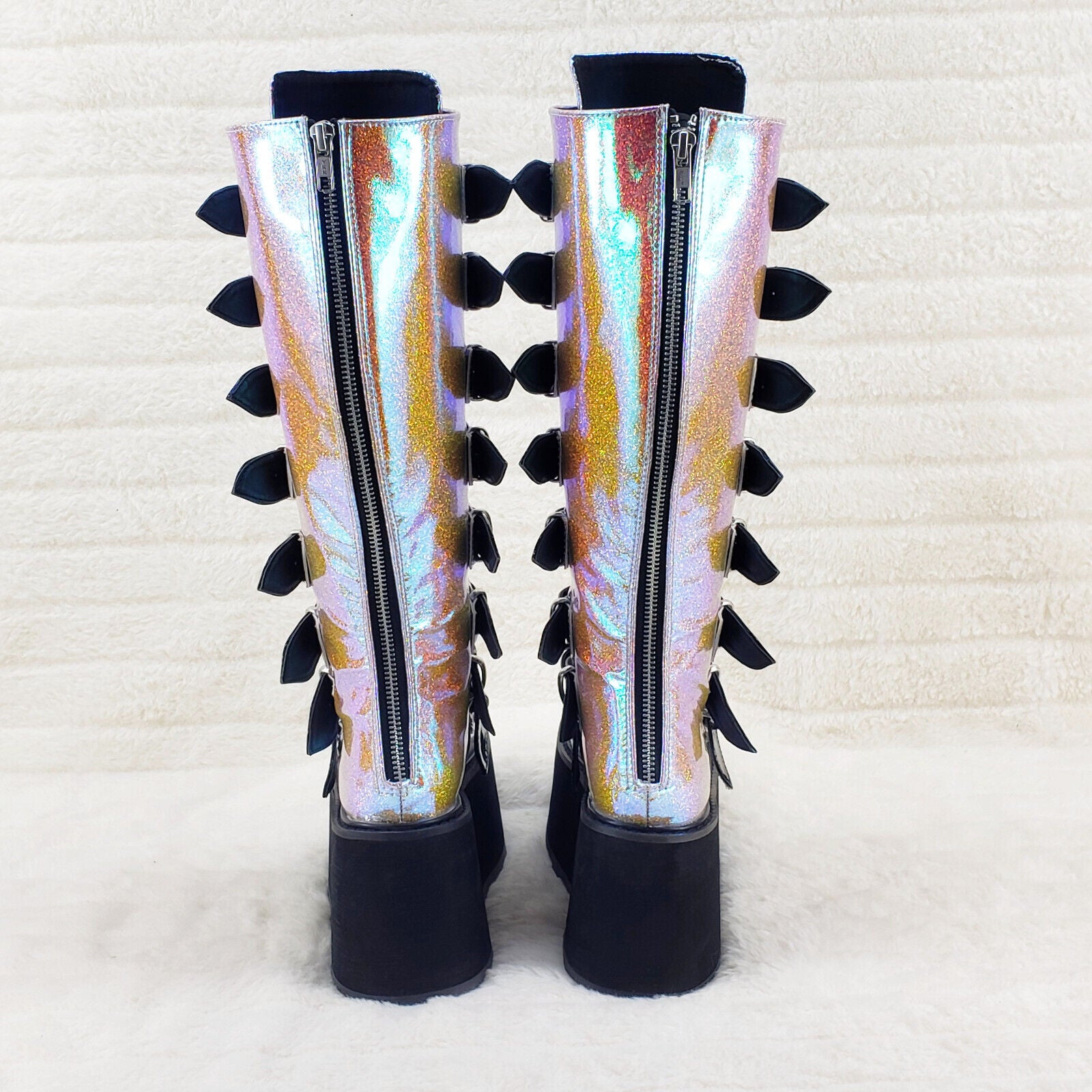 Damned 318 Multi Strap 3.5" Platform Cyber Punk Knee Boots Pink Hologram  NY - Totally Wicked Footwear