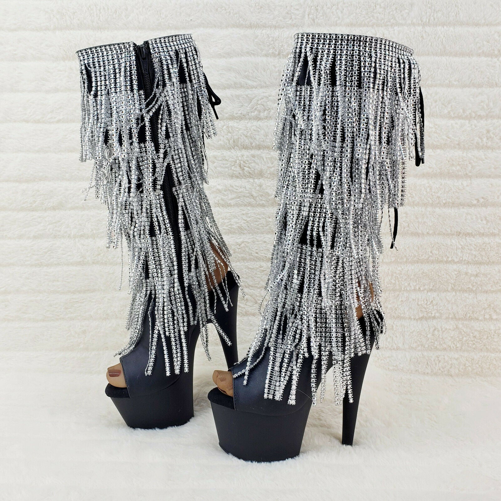 Adore 2024 Silver Fringe Black Platform 7" High Heel Fringe Knee Boots NY - Totally Wicked Footwear