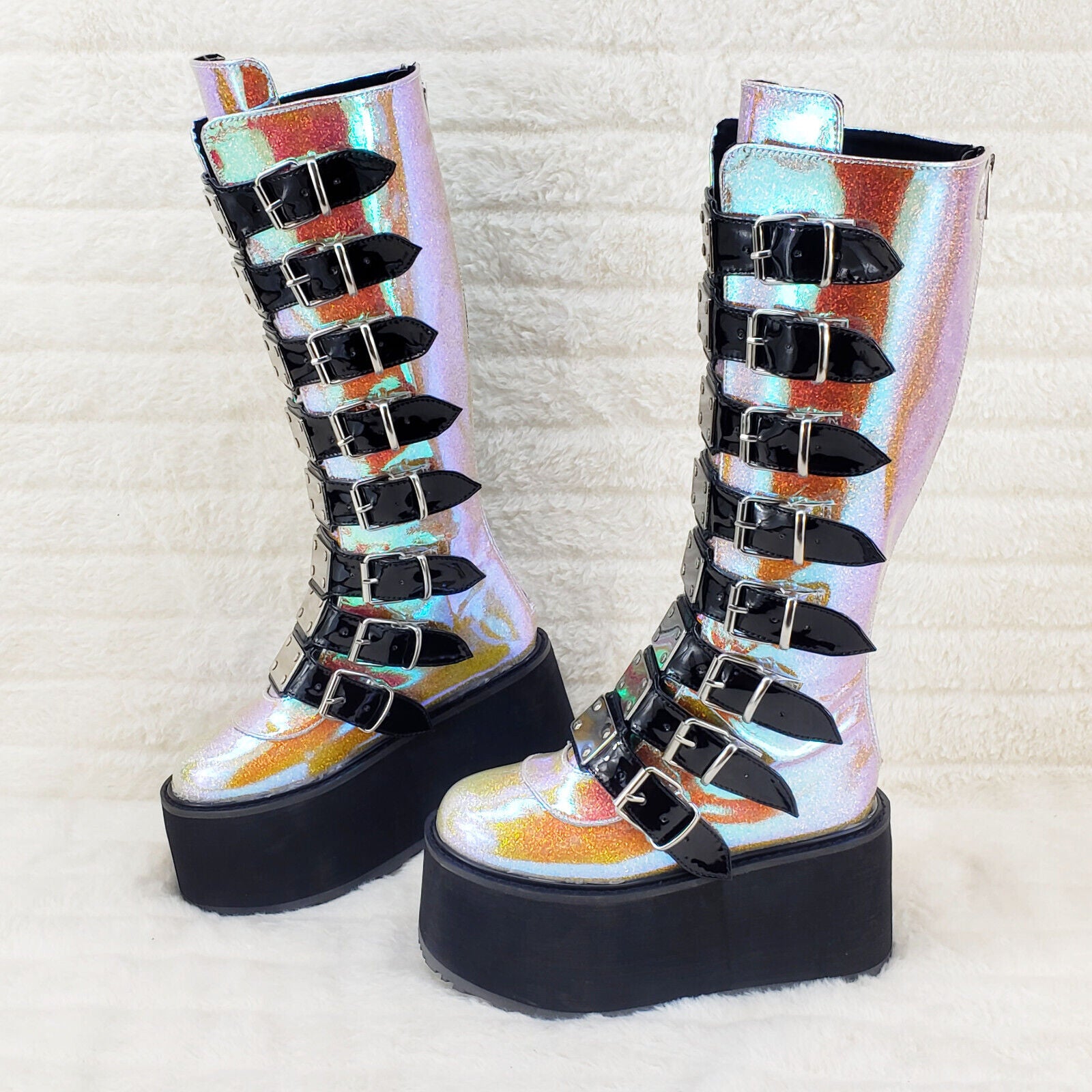 Damned 318 Multi Strap 3.5" Platform Cyber Punk Knee Boots Pink Hologram  NY - Totally Wicked Footwear