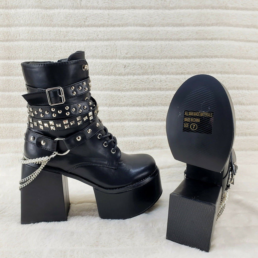 Ocho Black Ice Multipile Strap Platform Chunky Block Heel Ankle Boots - Totally Wicked Footwear