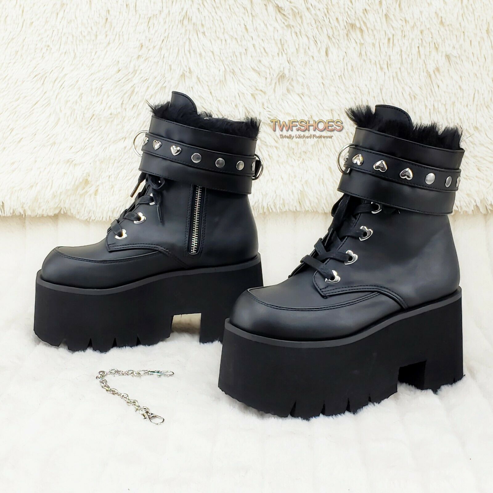 Ashes 57 Black Heart Studs 3.5" Platform Goth Boots Fur Lined Cuffs & Chain NY - Totally Wicked Footwear
